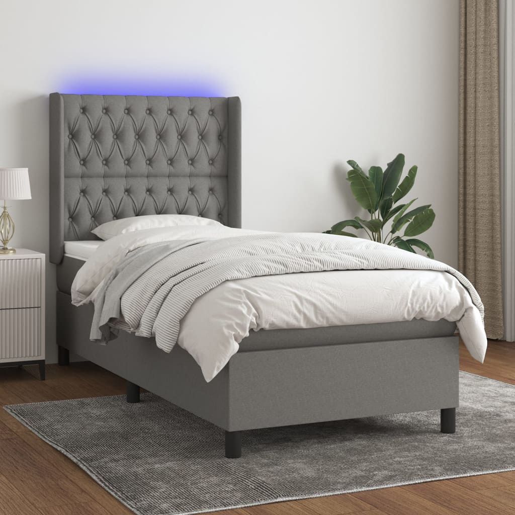 Κρεβάτι Boxspring με Στρώμα & LED Σκ.Γκρι 90x200 εκ. Υφασμάτινο
