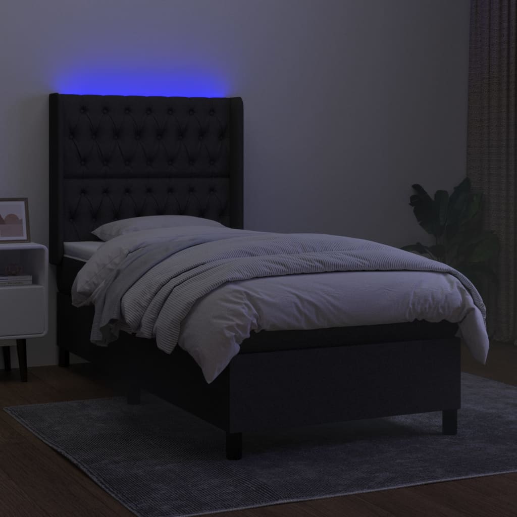 Κρεβάτι Boxspring με Στρώμα & LED Μαύρο 90x200 εκ. Υφασμάτινο