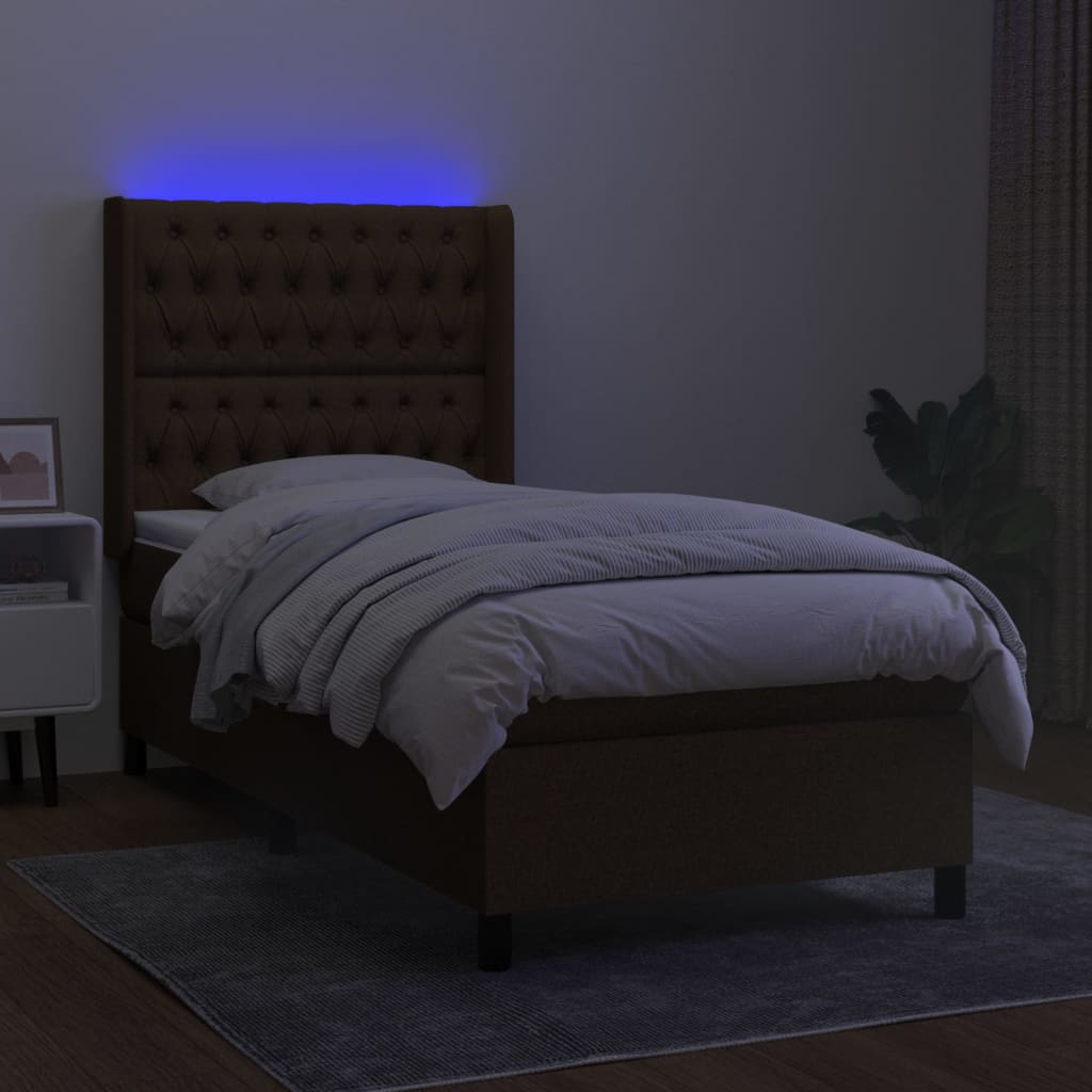 Κρεβάτι Boxspring με Στρώμα & LED Σκ.Καφέ 90x200 εκ. Υφασμάτινο
