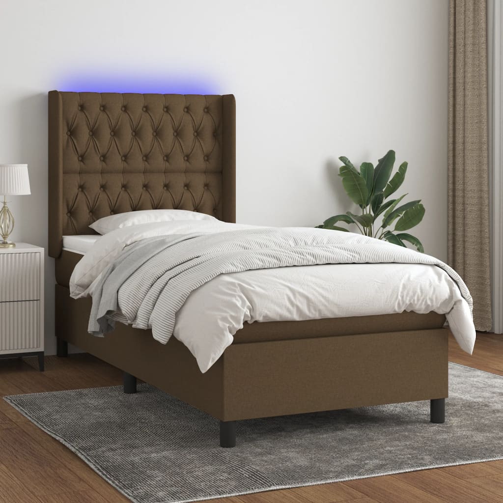 Κρεβάτι Boxspring με Στρώμα & LED Σκ.Καφέ 90x200 εκ. Υφασμάτινο