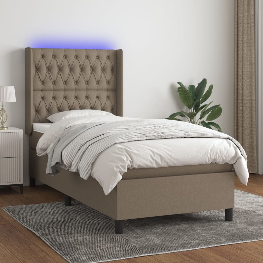 Κρεβάτι Boxspring με Στρώμα & LED Taupe 90x200 εκ. Υφασμάτινο