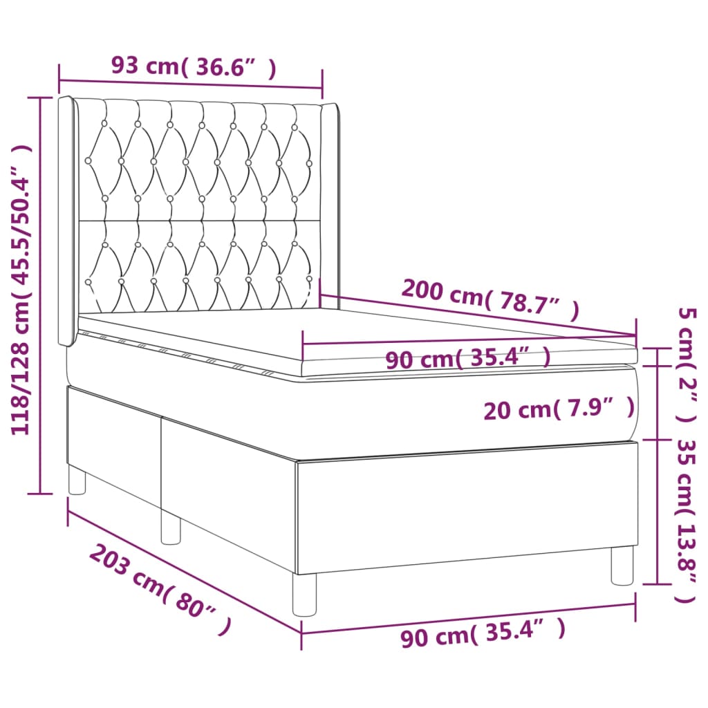 Κρεβάτι Boxspring με Στρώμα & LED Κρεμ 90x200 εκ. Υφασμάτινο