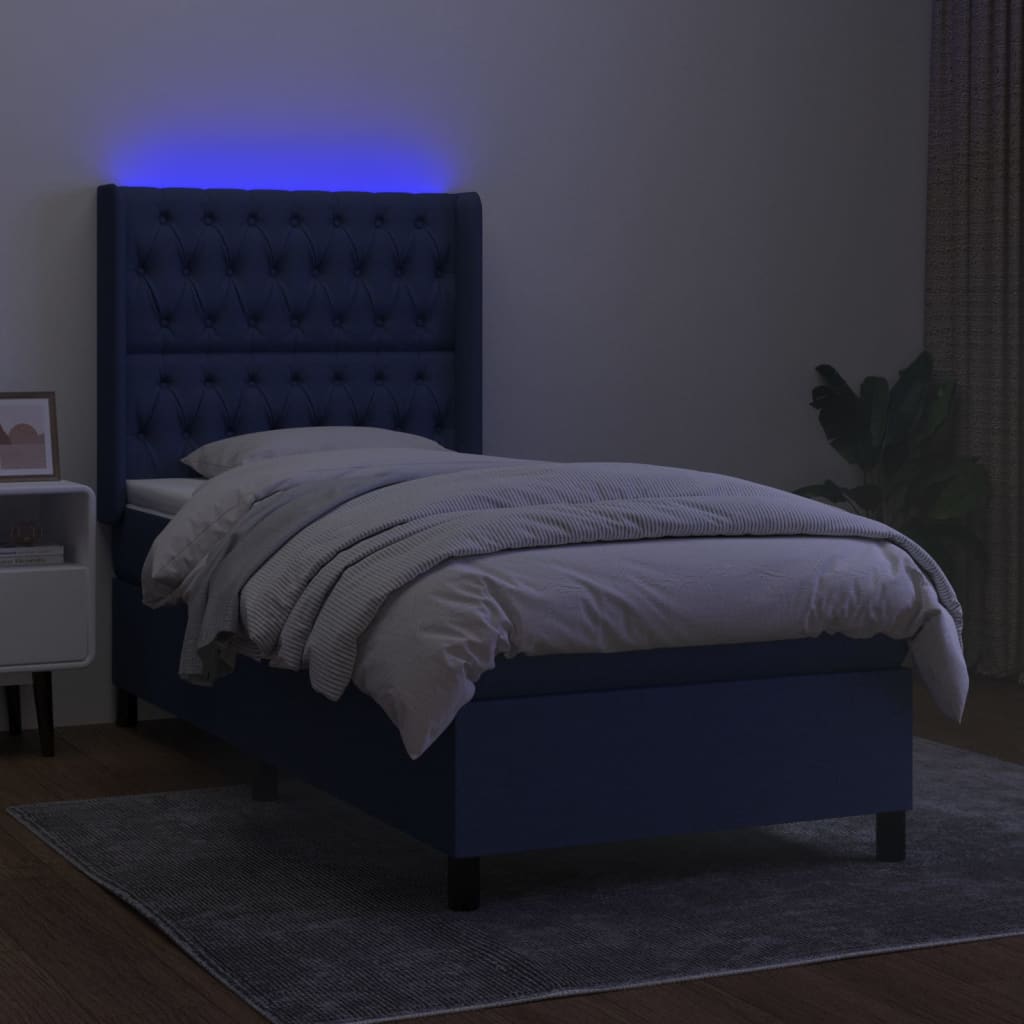 Κρεβάτι Boxspring με Στρώμα & LED Μπλε 90x200 εκ. Υφασμάτινο