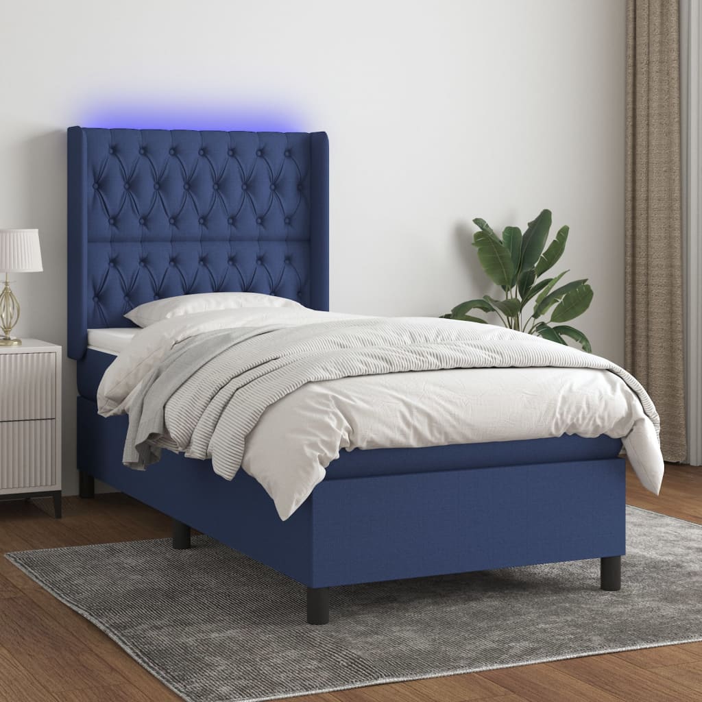 Κρεβάτι Boxspring με Στρώμα & LED Μπλε 90x200 εκ. Υφασμάτινο