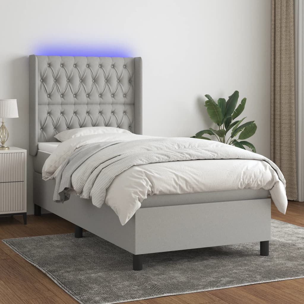 Κρεβάτι Boxspring με Στρώμα & LED Αν.Γκρι 100x200εκ. Υφασμάτινο