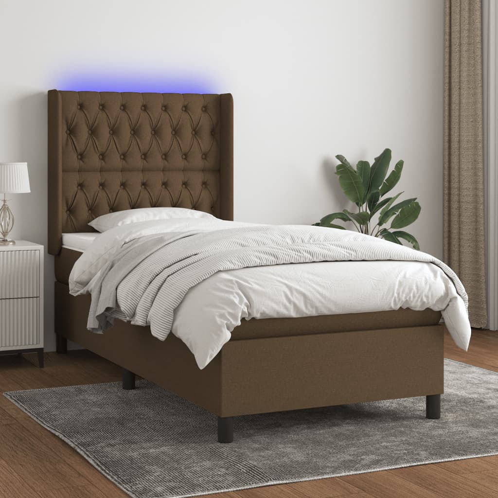 Κρεβάτι Boxspring με Στρώμα & LED Σκ.Καφέ 100x200 εκ Υφασμάτινο