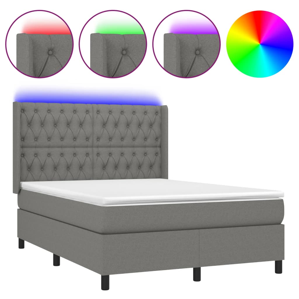 Κρεβάτι Boxspring με Στρώμα & LED Σκ.Γκρι 140x190εκ. Υφασμάτινο