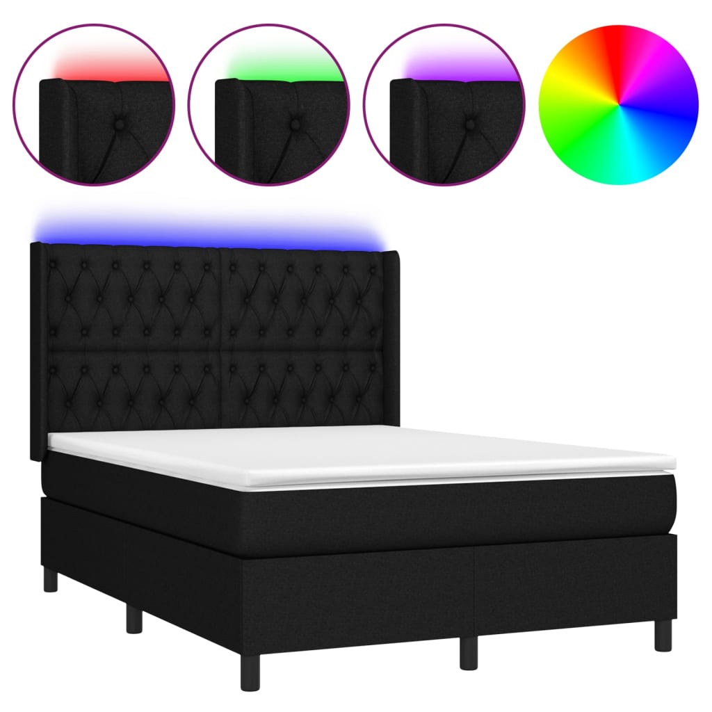 Κρεβάτι Boxspring με Στρώμα & LED Μαύρο 140x190 εκ. Υφασμάτινο