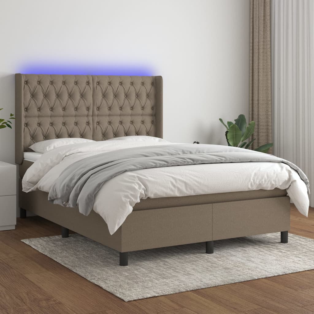 Κρεβάτι Boxspring με Στρώμα & LED Taupe 140x190 εκ. Υφασμάτινο