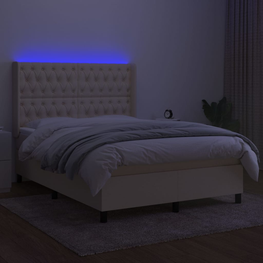 Κρεβάτι Boxspring με Στρώμα & LED Κρεμ 140x190 εκ. Υφασμάτινο - Pakobazaar