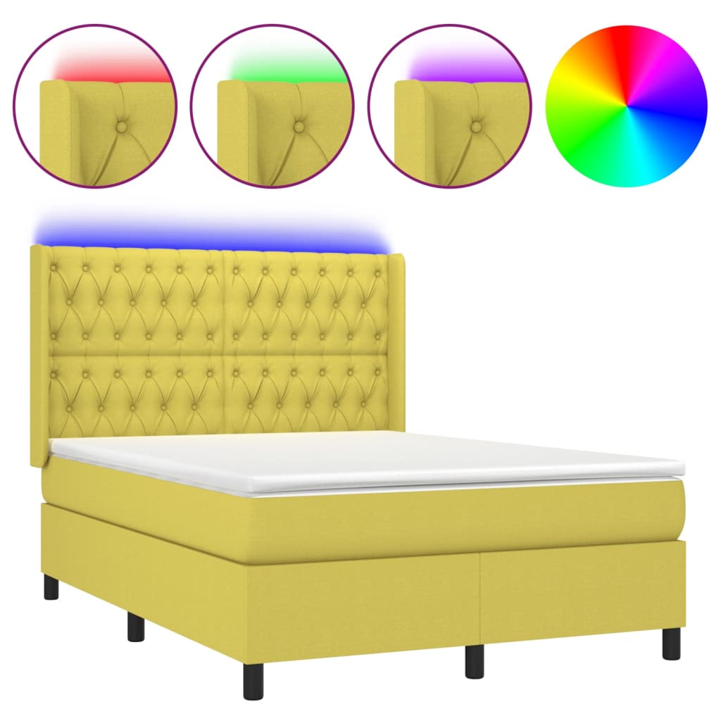 Κρεβάτι Boxspring με Στρώμα & LED Πράσινο 140x190 εκ Υφασμάτινο - Pakobazaar
