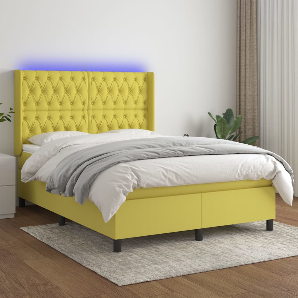Κρεβάτι Boxspring με Στρώμα & LED Πράσινο 140x190 εκ Υφασμάτινο - Pakobazaar