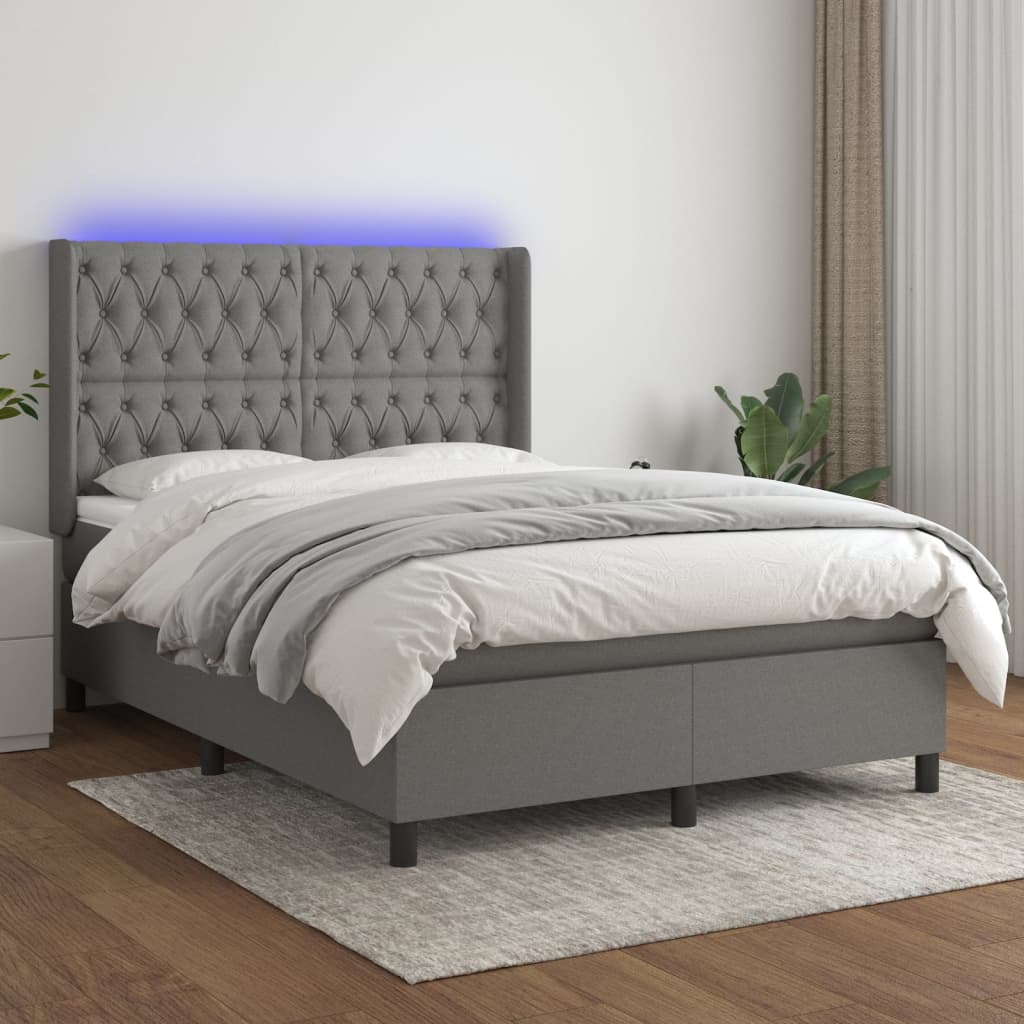 Κρεβάτι Boxspring με Στρώμα & LED Σκ.Γκρι 140x200 εκ Υφασμάτινο