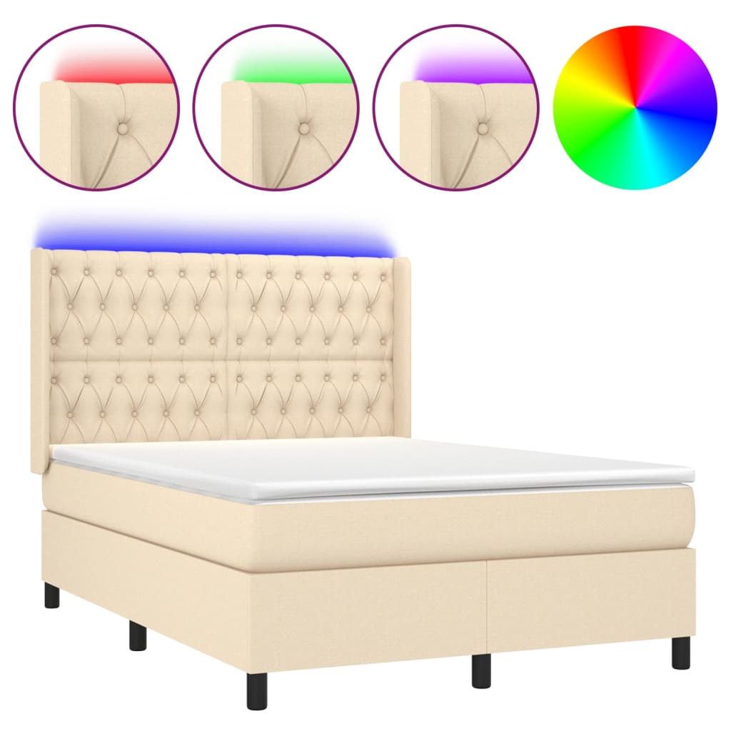 Κρεβάτι Boxspring με Στρώμα & LED Κρεμ 140x200 εκ. Υφασμάτινο
