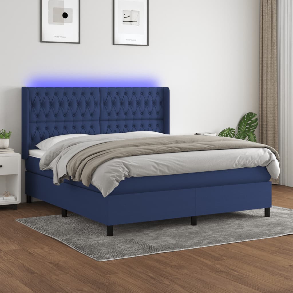 Κρεβάτι Boxspring με Στρώμα & LED Μπλε 160x200 εκ. Υφασμάτινο