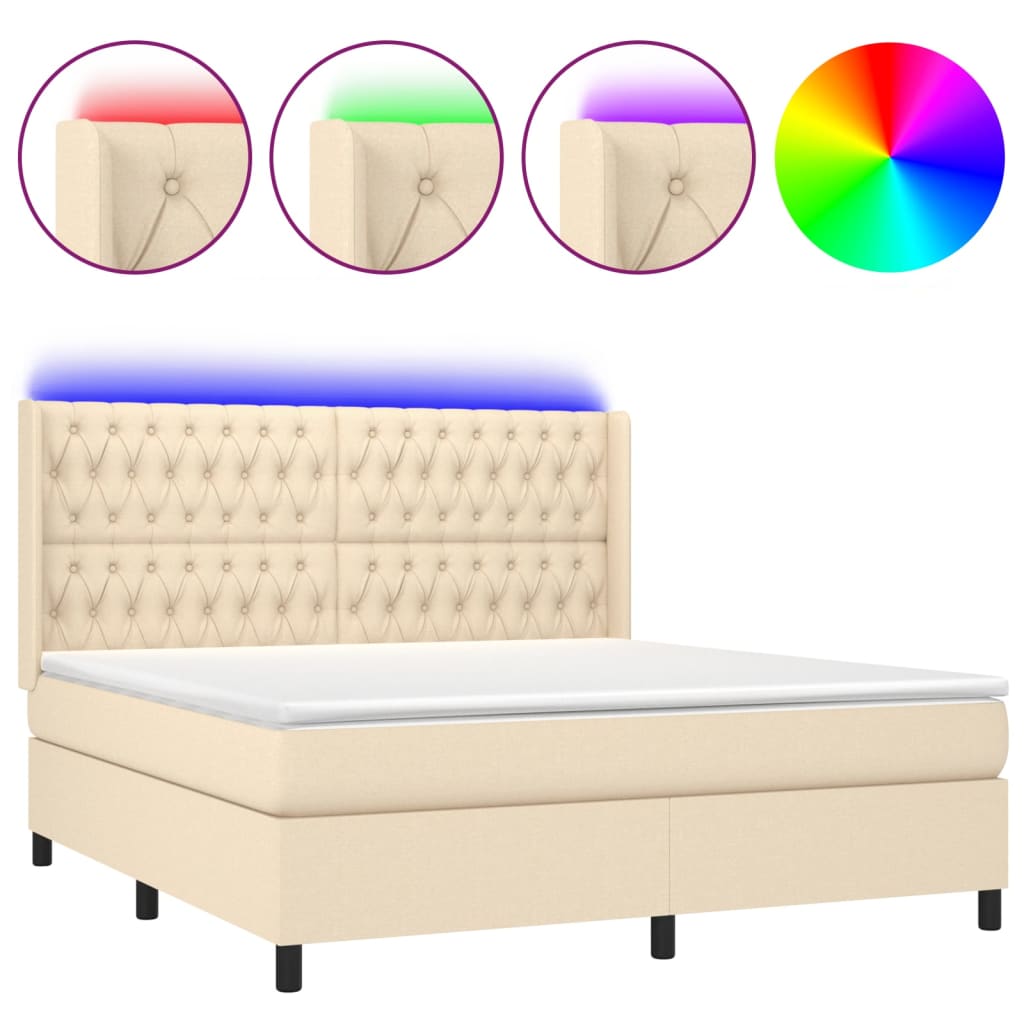 Κρεβάτι Boxspring με Στρώμα & LED Κρεμ 180x200 εκ. Υφασμάτινο