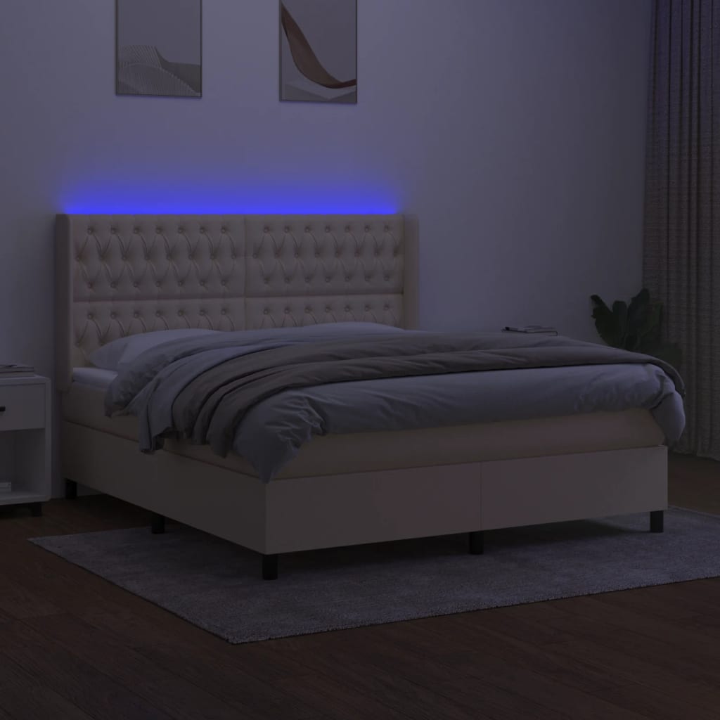 Κρεβάτι Boxspring με Στρώμα & LED Κρεμ 180x200 εκ. Υφασμάτινο
