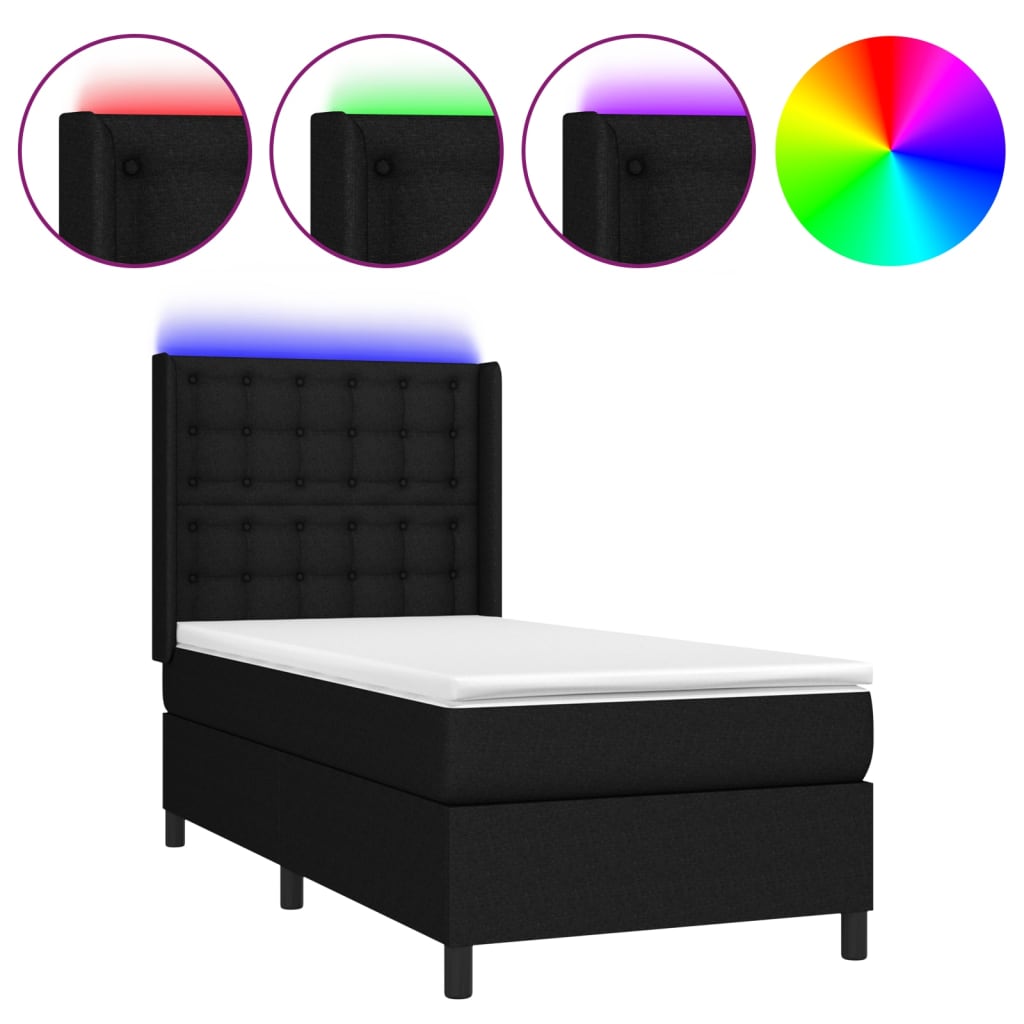 Κρεβάτι Boxspring με Στρώμα & LED Μαύρο 90x190 εκ. Υφασμάτινο - Pakobazaar