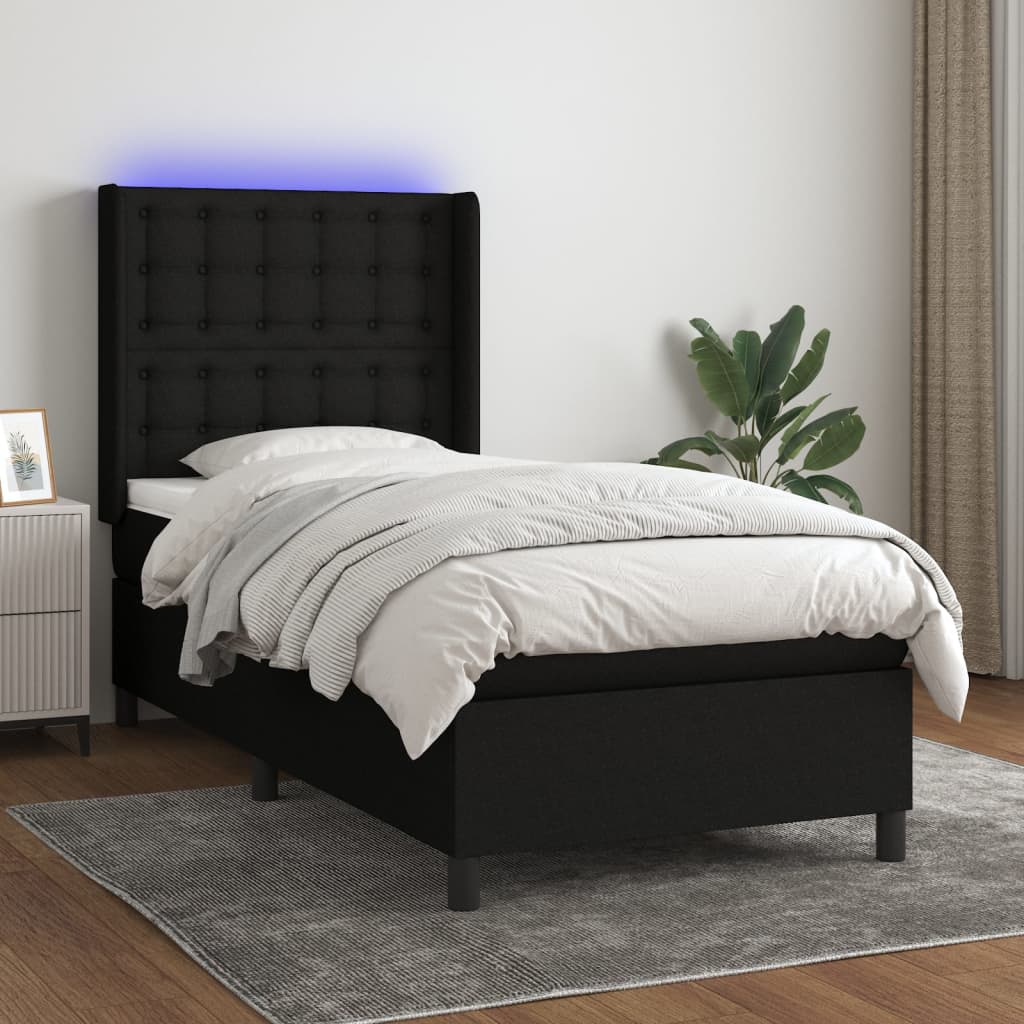 Κρεβάτι Boxspring με Στρώμα & LED Μαύρο 90x190 εκ. Υφασμάτινο - Pakobazaar