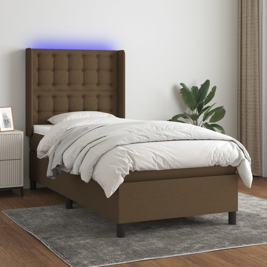 Κρεβάτι Boxspring με Στρώμα & LED Σκ.Καφέ 90x190 εκ. Υφασμάτινο