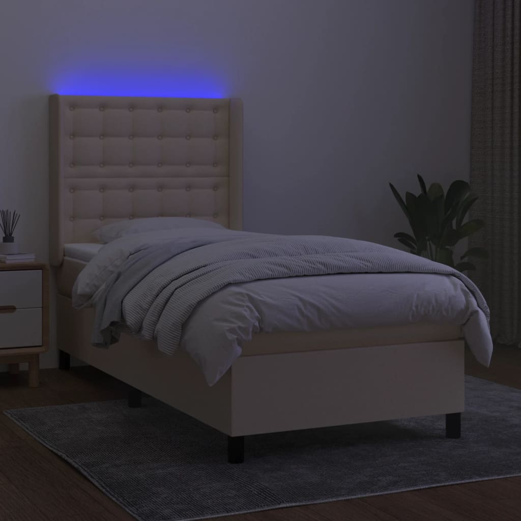 Κρεβάτι Boxspring με Στρώμα & LED Κρεμ 90x190 εκ. Υφασμάτινο