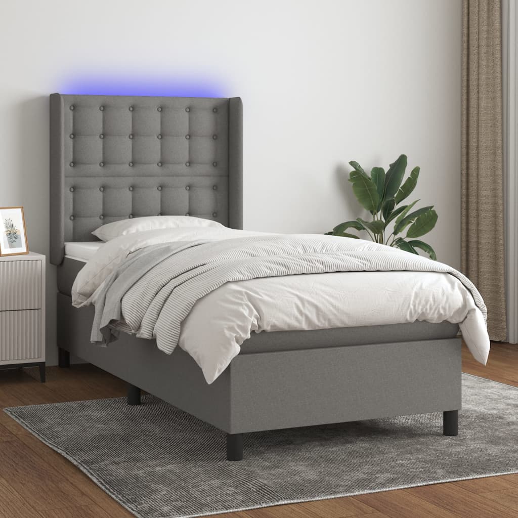 Κρεβάτι Boxspring με Στρώμα & LED Σκ.Γκρι 90x200 εκ. Υφασμάτινο