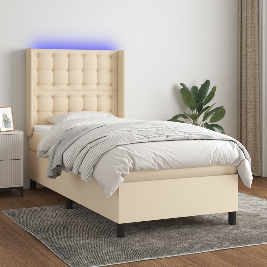 Κρεβάτι Boxspring με Στρώμα & LED Κρεμ 90x200 εκ. Υφασμάτινο