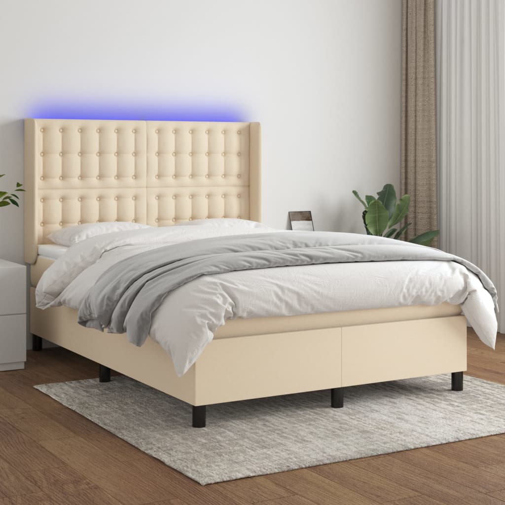 Κρεβάτι Boxspring με Στρώμα & LED Κρεμ 140x190 εκ. Υφασμάτινο - Pakobazaar