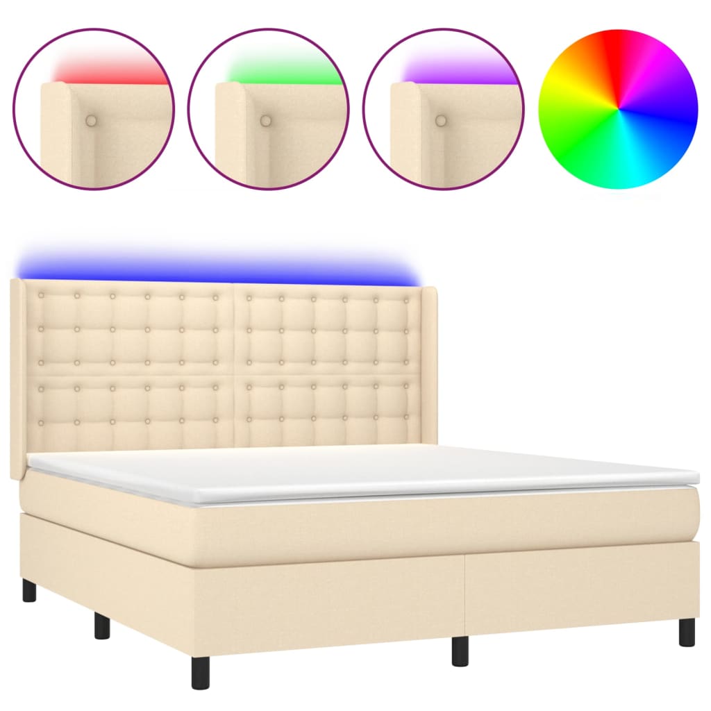 Κρεβάτι Boxspring με Στρώμα & LED Κρεμ 160x200 εκ. Υφασμάτινο