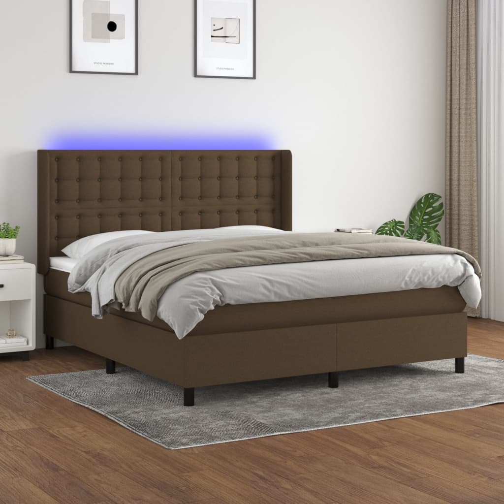 Κρεβάτι Boxspring με Στρώμα & LED Σκ.Καφέ 180x200εκ. Υφασμάτινο