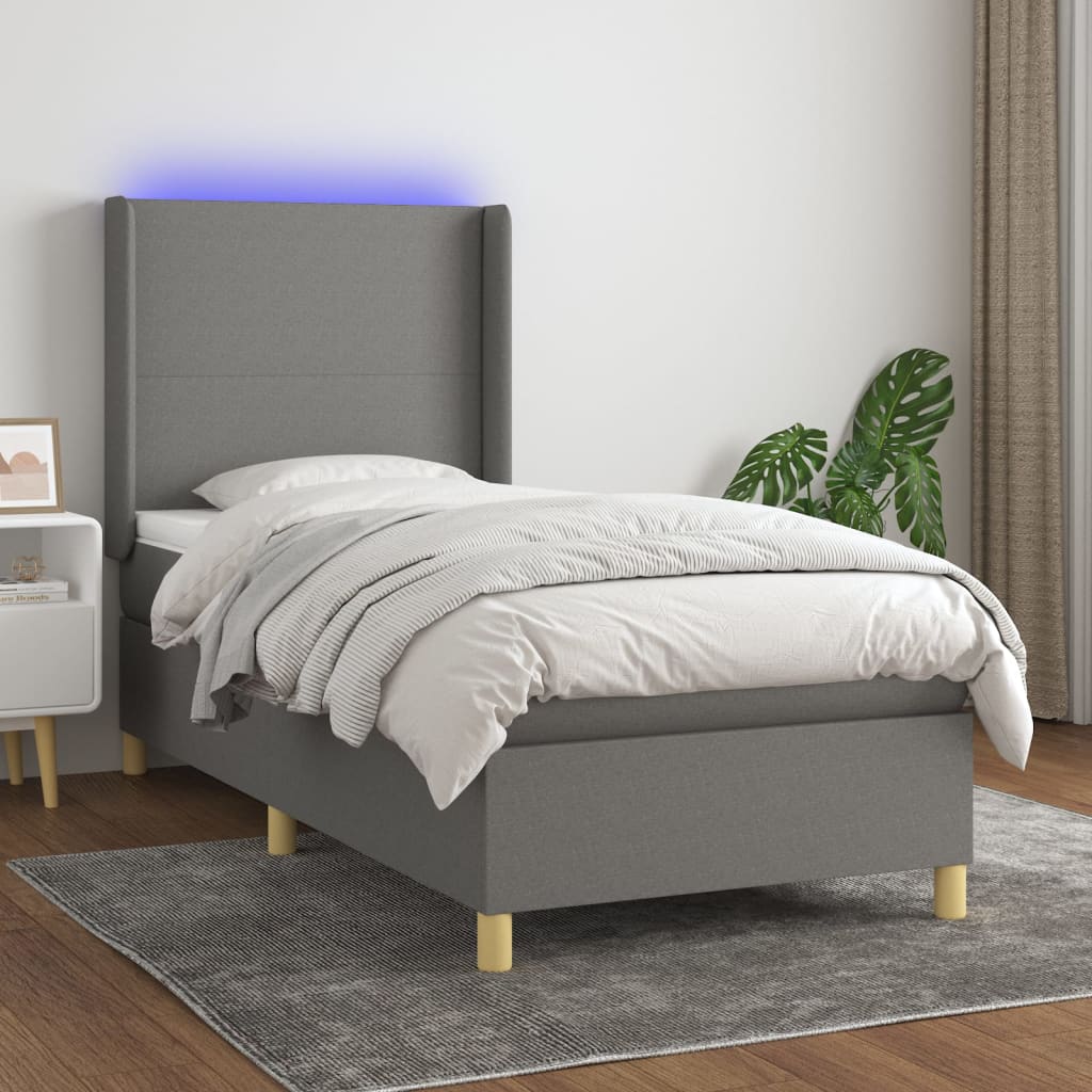 Κρεβάτι Boxspring με Στρώμα & LED Σκ.Γκρι 90x190 εκ. Υφασμάτινο - Pakobazaar