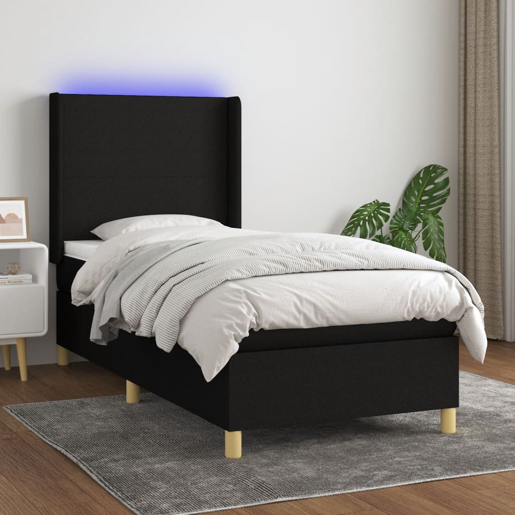 Κρεβάτι Boxspring με Στρώμα & LED Μαύρο 90x190 εκ. Υφασμάτινο