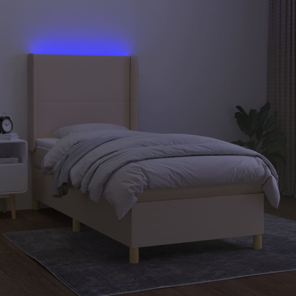 Κρεβάτι Boxspring με Στρώμα & LED Κρεμ 90x200 εκ. Υφασμάτινο