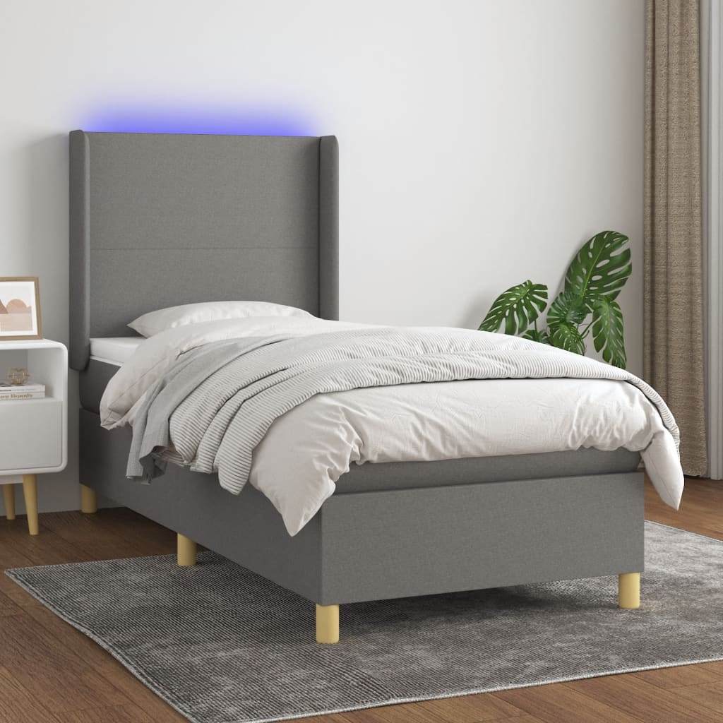 Κρεβάτι Boxspring με Στρώμα & LED Σκ.Γκρι 100x200 εκ Υφασμάτινο