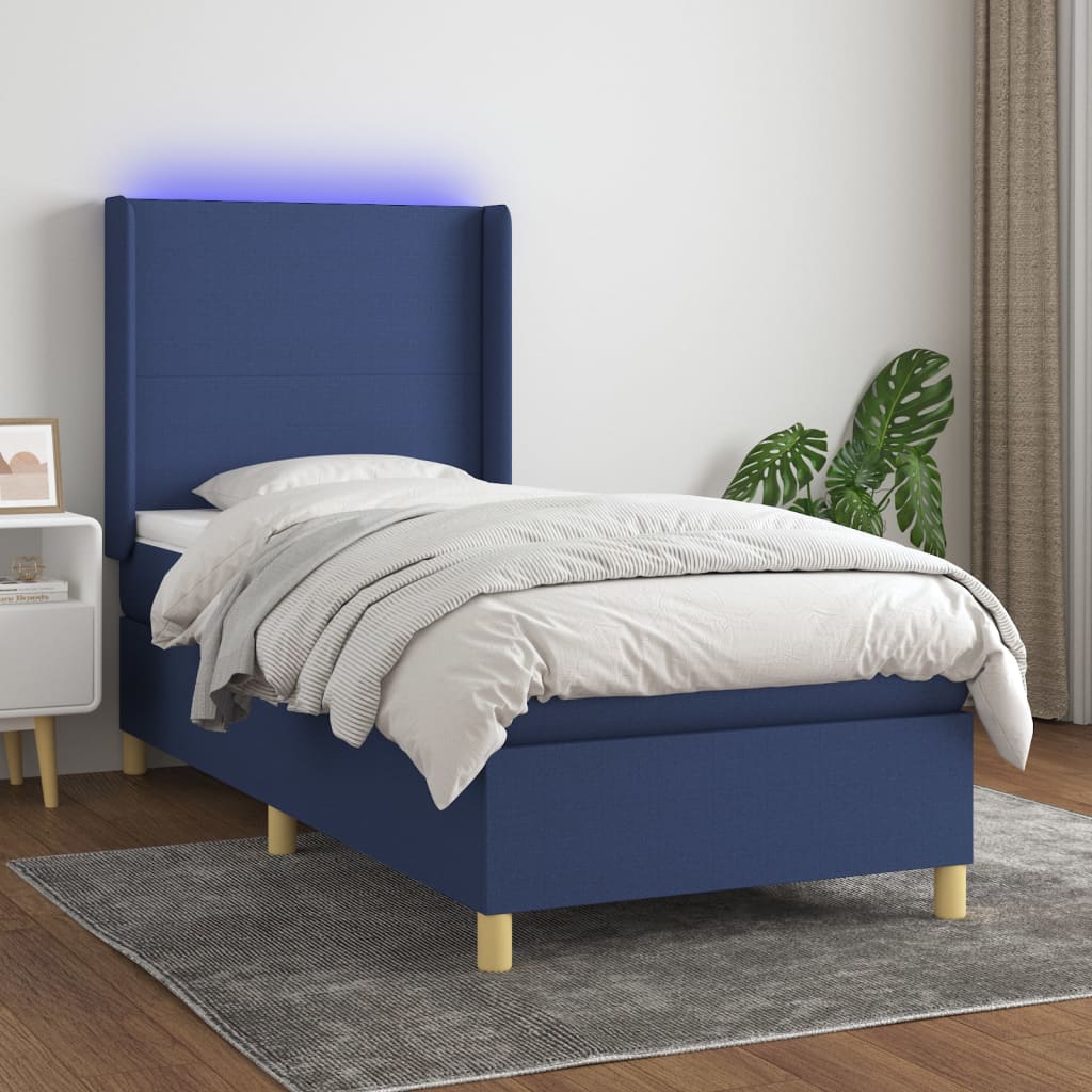 Κρεβάτι Boxspring με Στρώμα & LED Μπλε 100x200 εκ. Υφασμάτινο