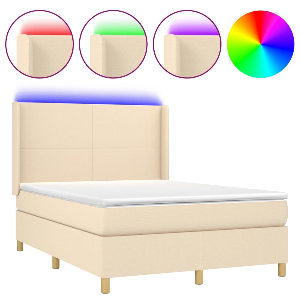 Κρεβάτι Boxspring με Στρώμα & LED Κρεμ 140x190 εκ. Υφασμάτινο - Pakobazaar