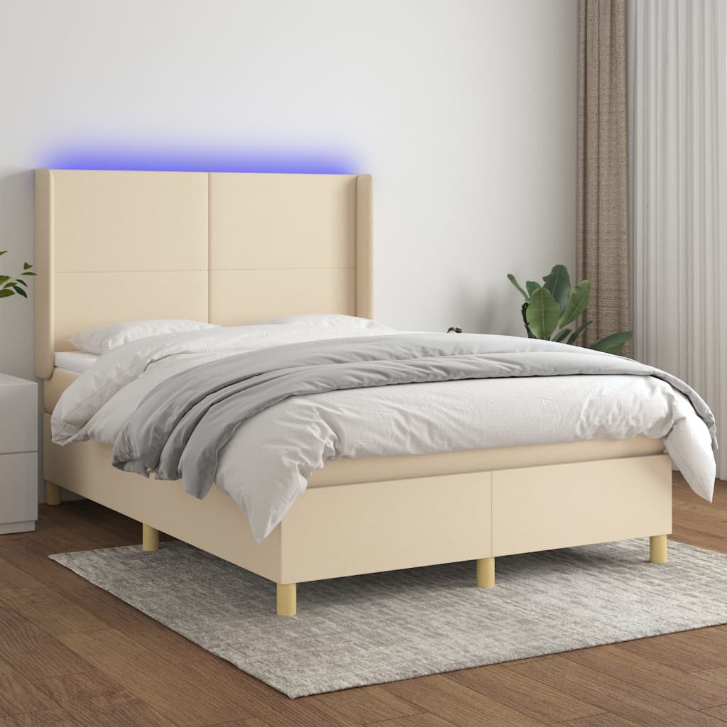 Κρεβάτι Boxspring με Στρώμα & LED Κρεμ 140x190 εκ. Υφασμάτινο - Pakobazaar