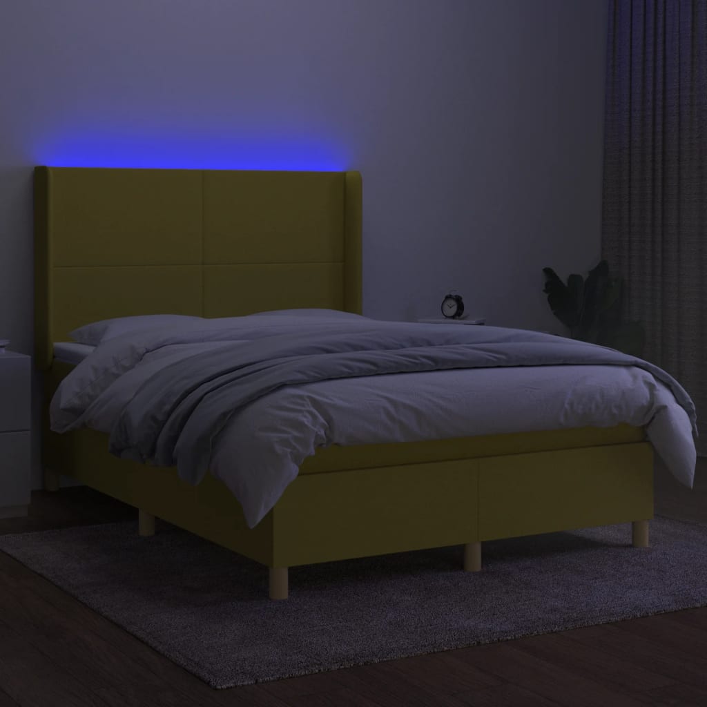 Κρεβάτι Boxspring με Στρώμα & LED Πράσινο 140x190 εκ Υφασμάτινο