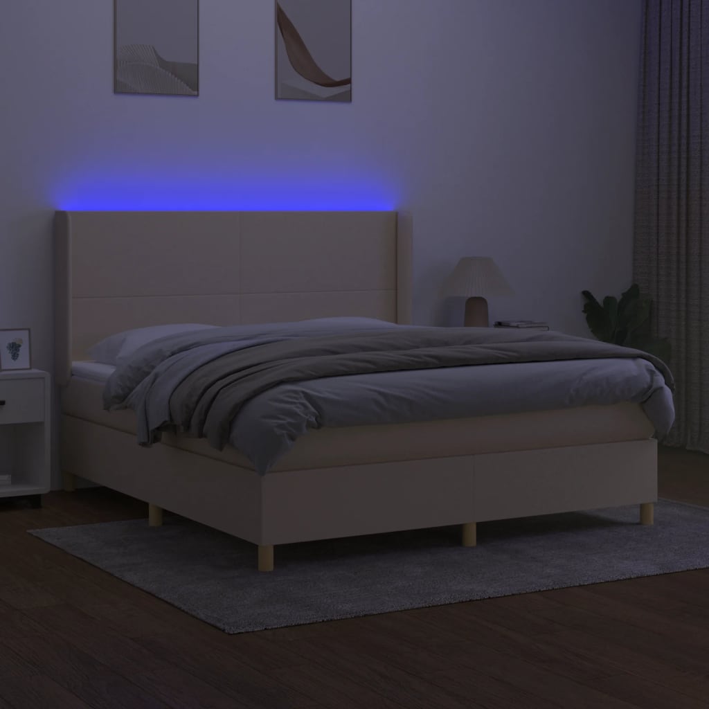Κρεβάτι Boxspring με Στρώμα & LED Κρεμ 160x200 εκ. Υφασμάτινο