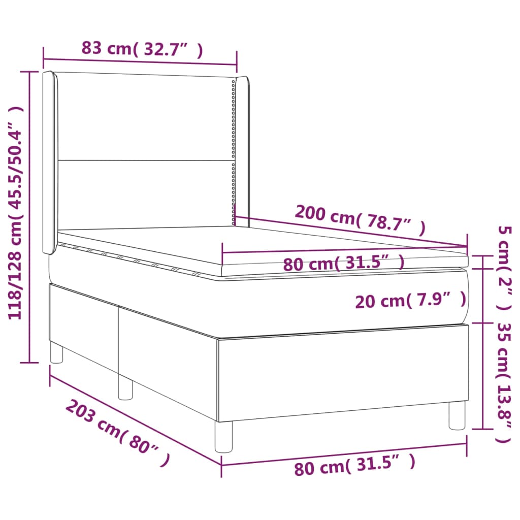 Κρεβάτι Boxspring με Στρώμα & LED Σκ.Γκρι 80x200 εκ. Υφασμάτινο