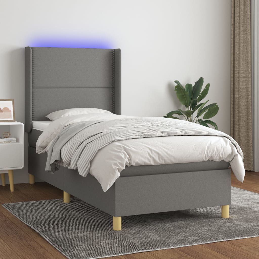 Κρεβάτι Boxspring με Στρώμα & LED Σκ.Γκρι 90x190 εκ. Υφασμάτινο - Pakobazaar