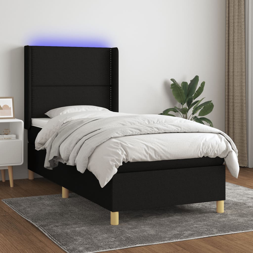 Κρεβάτι Boxspring με Στρώμα & LED Μαύρο 90x200 εκ. Υφασμάτινο