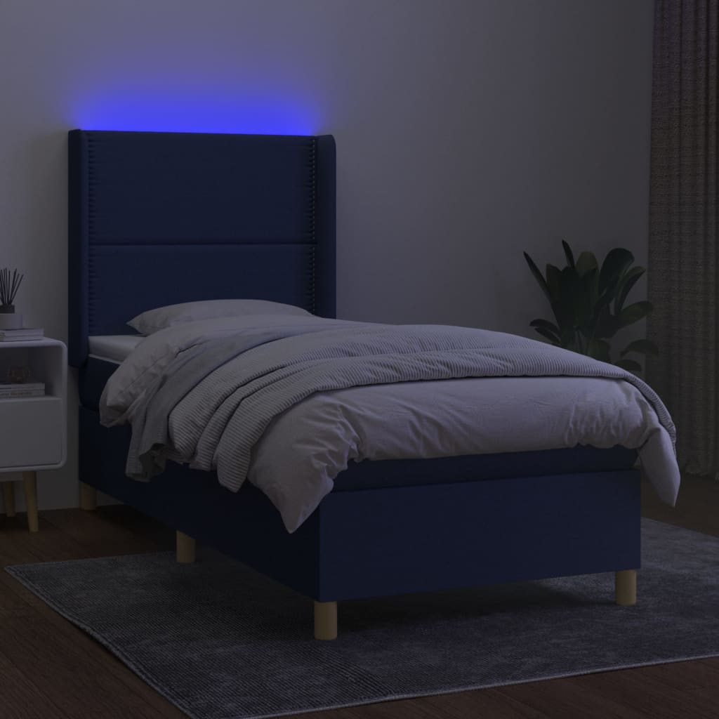 Κρεβάτι Boxspring με Στρώμα & LED Μπλε 90x200 εκ. Υφασμάτινο
