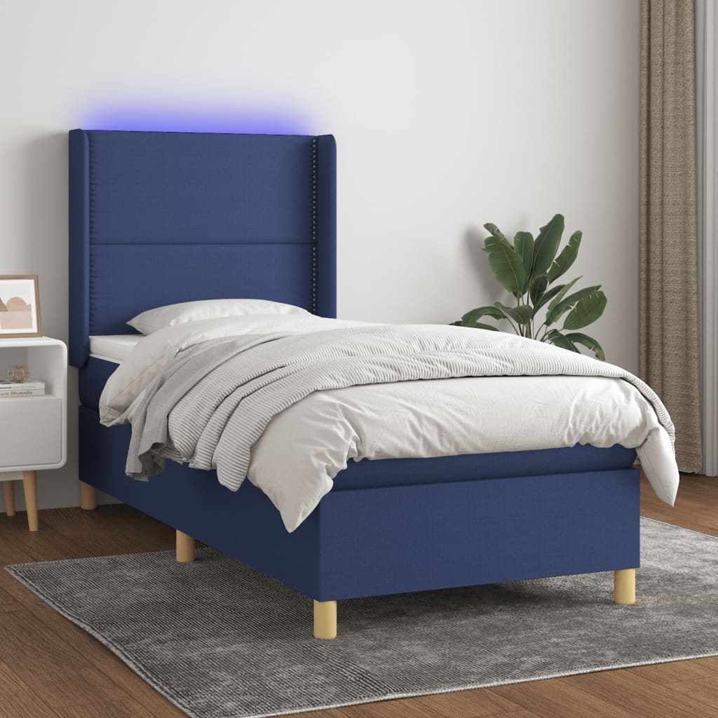 Κρεβάτι Boxspring με Στρώμα & LED Μπλε 90x200 εκ. Υφασμάτινο