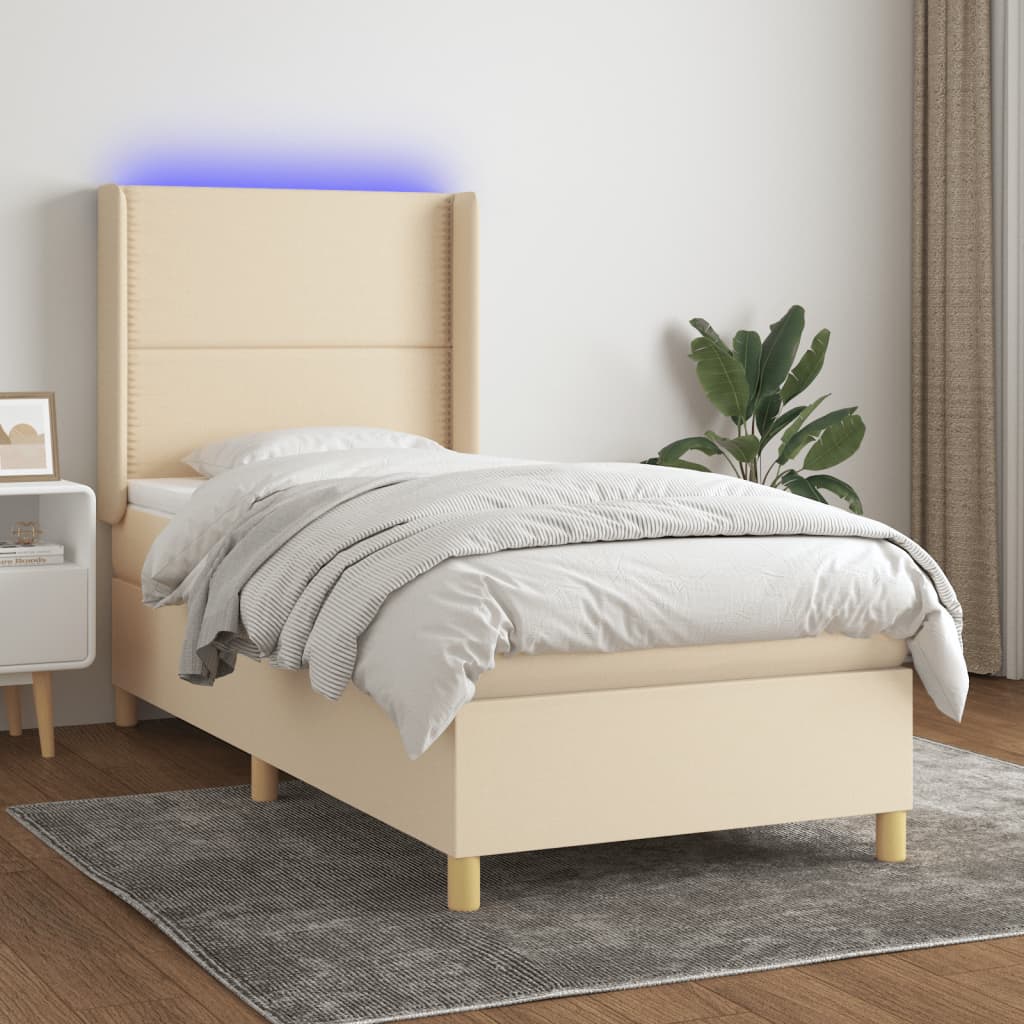 Κρεβάτι Boxspring με Στρώμα & LED Κρεμ 100x200 εκ. Υφασμάτινο