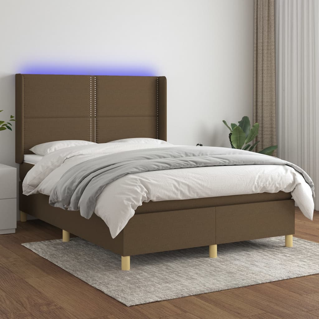 Κρεβάτι Boxspring με Στρώμα & LED Σκ.Καφέ 140x190εκ. Υφασμάτινο - Pakobazaar