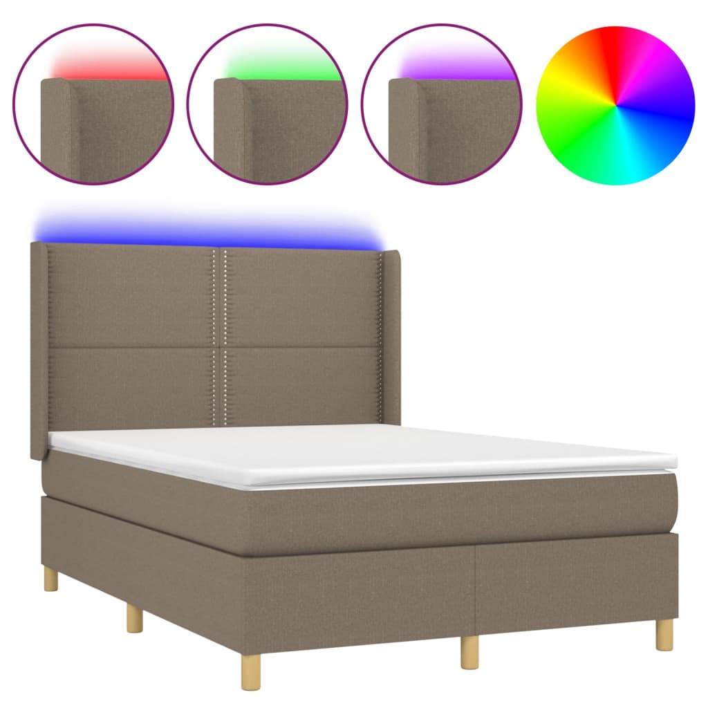 Κρεβάτι Boxspring με Στρώμα & LED Taupe 140x190 εκ. Υφασμάτινο - Pakobazaar