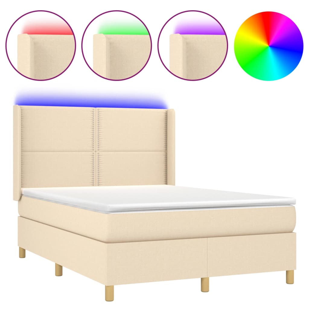 Κρεβάτι Boxspring με Στρώμα & LED Κρεμ 140x190 εκ. Υφασμάτινο - Pakobazaar