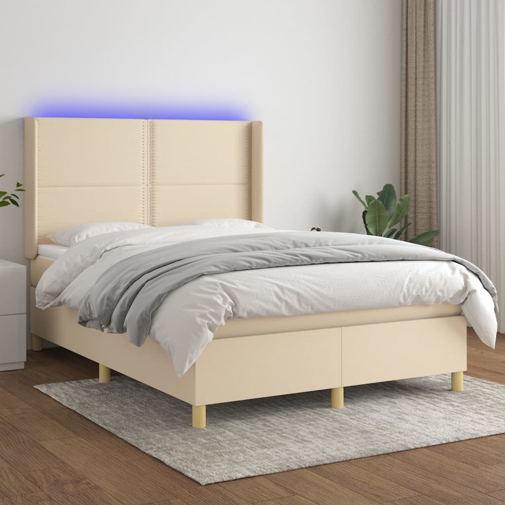 Κρεβάτι Boxspring με Στρώμα & LED Κρεμ 140x190 εκ. Υφασμάτινο - Pakobazaar