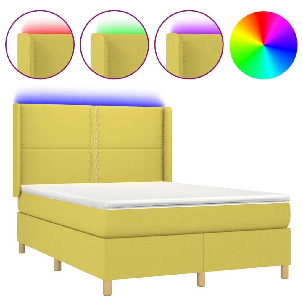 Κρεβάτι Boxspring με Στρώμα & LED Πράσινο 140x190 εκ Υφασμάτινο